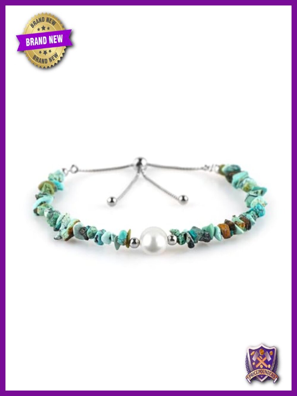 Natural Turquoise Beaded Slider Bracelet with Pearls, Chakra Healing Gemstone